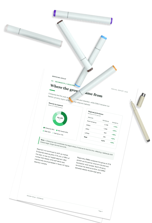 Printed pages of the annual report and colour markers
